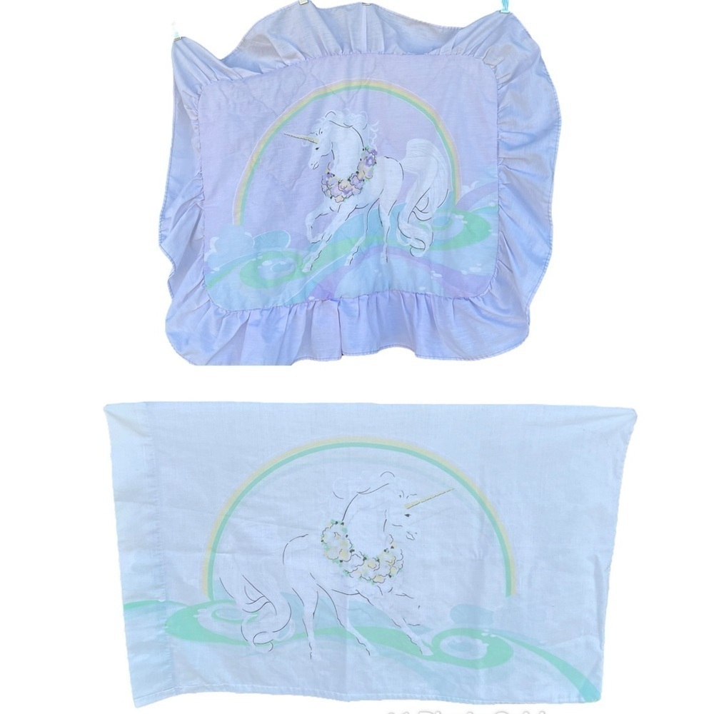 VTG Unicorn Rainbow Sears Young-At-Heart 4-Piece Ruffle Sham Pillowcase Set FLAW